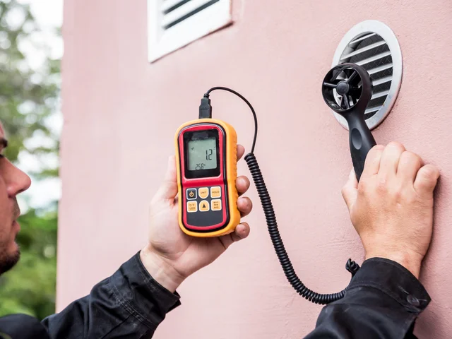 Techniker verwenden Hand-Anemometer Messung der Luftströmung Messung