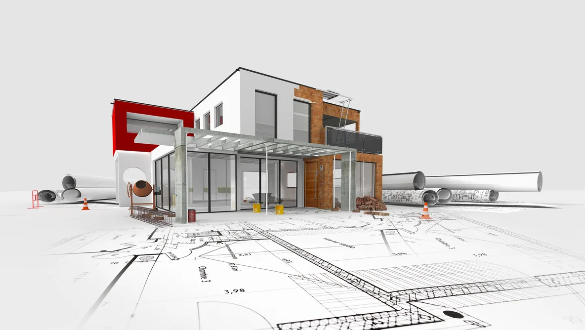 Ein digitales 3D Modell steht auf einem Bauplan