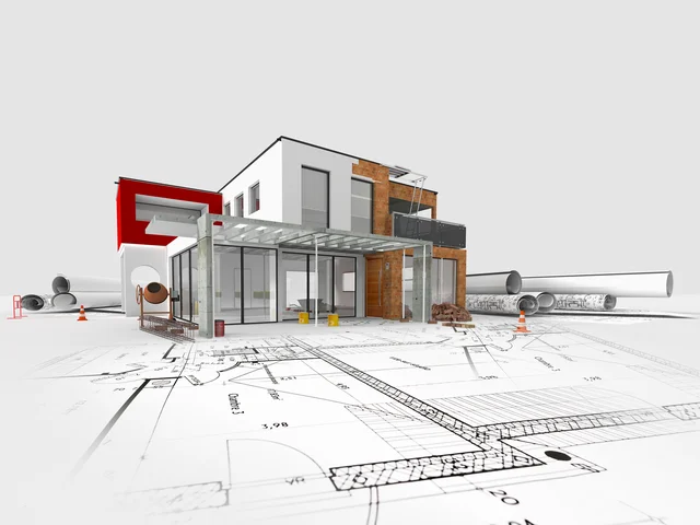 Ein digitales 3D Modell steht auf einem Bauplan