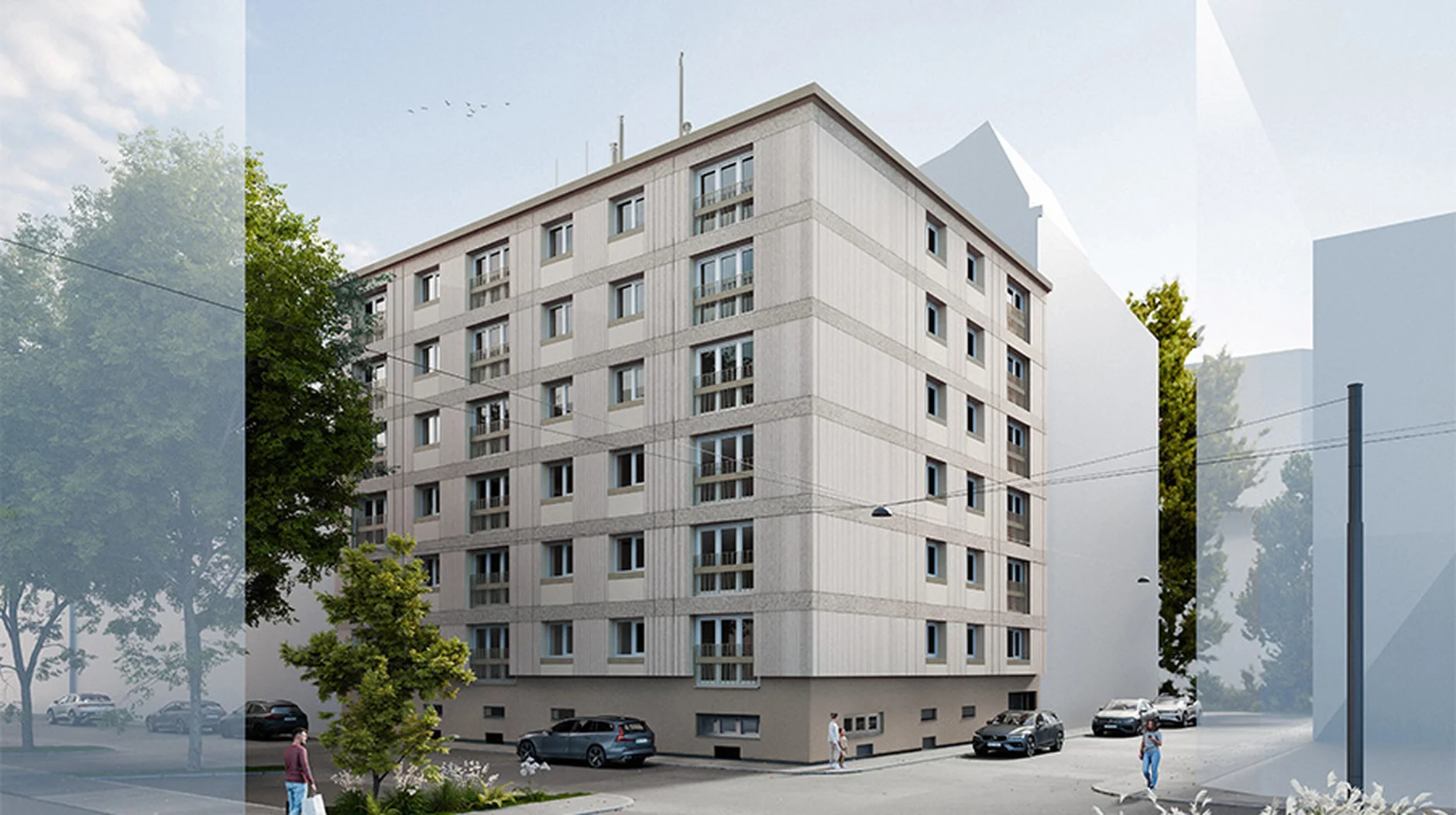Ein siebenstöckiges Wohnhaus an einer Straßenecke, umgeben von Bäumen und geparkten Autos, mit Menschen, die in der Nähe spazieren gehen.