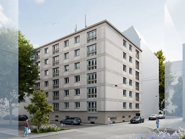 Ein siebenstöckiges Wohnhaus an einer Straßenecke, umgeben von Bäumen und geparkten Autos, mit Menschen, die in der Nähe spazieren gehen.