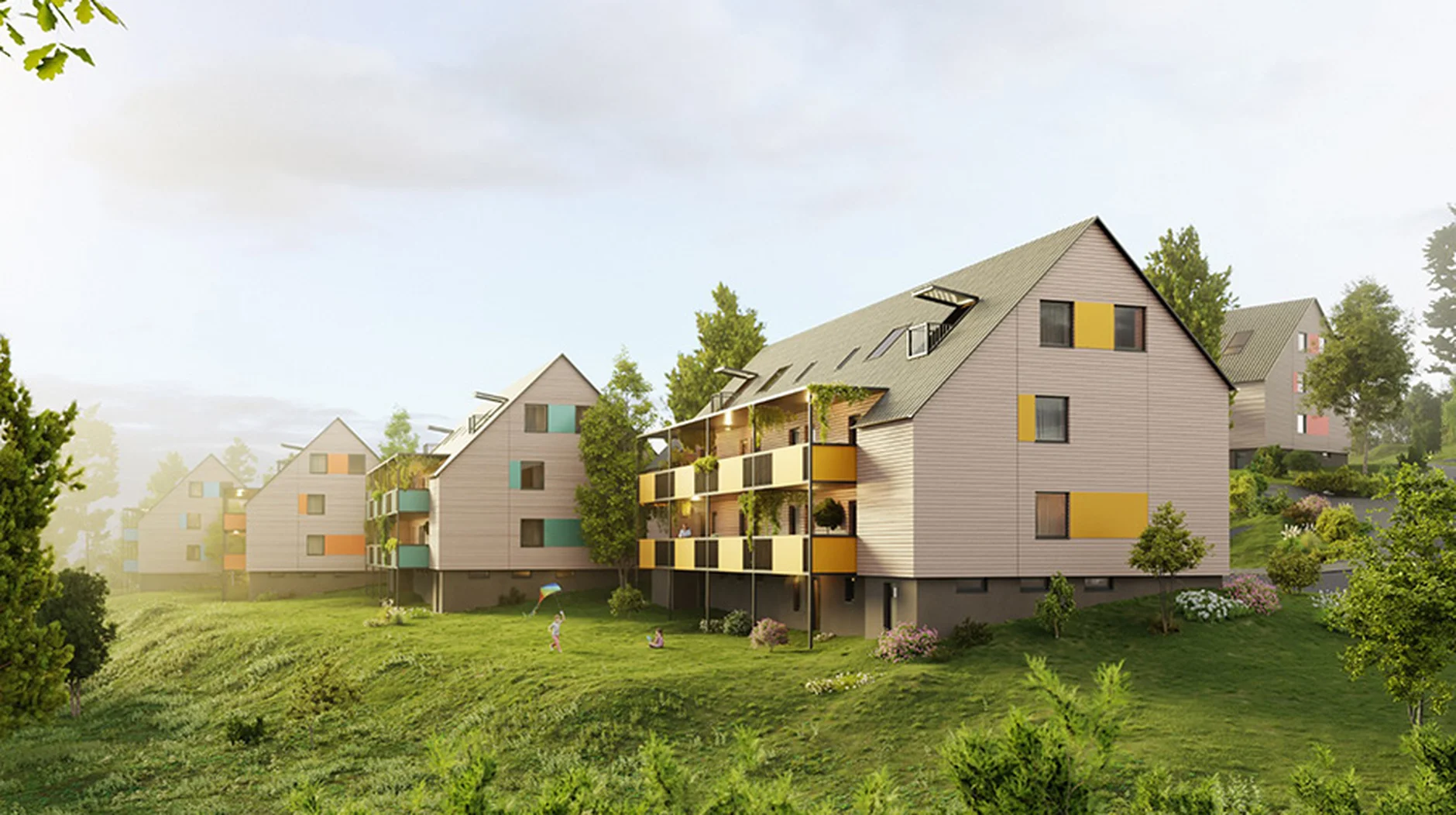 Cluster of modern, sloped-roof homes nestled in lush greenery, with balconies and colorful panel accents under a clear sky.