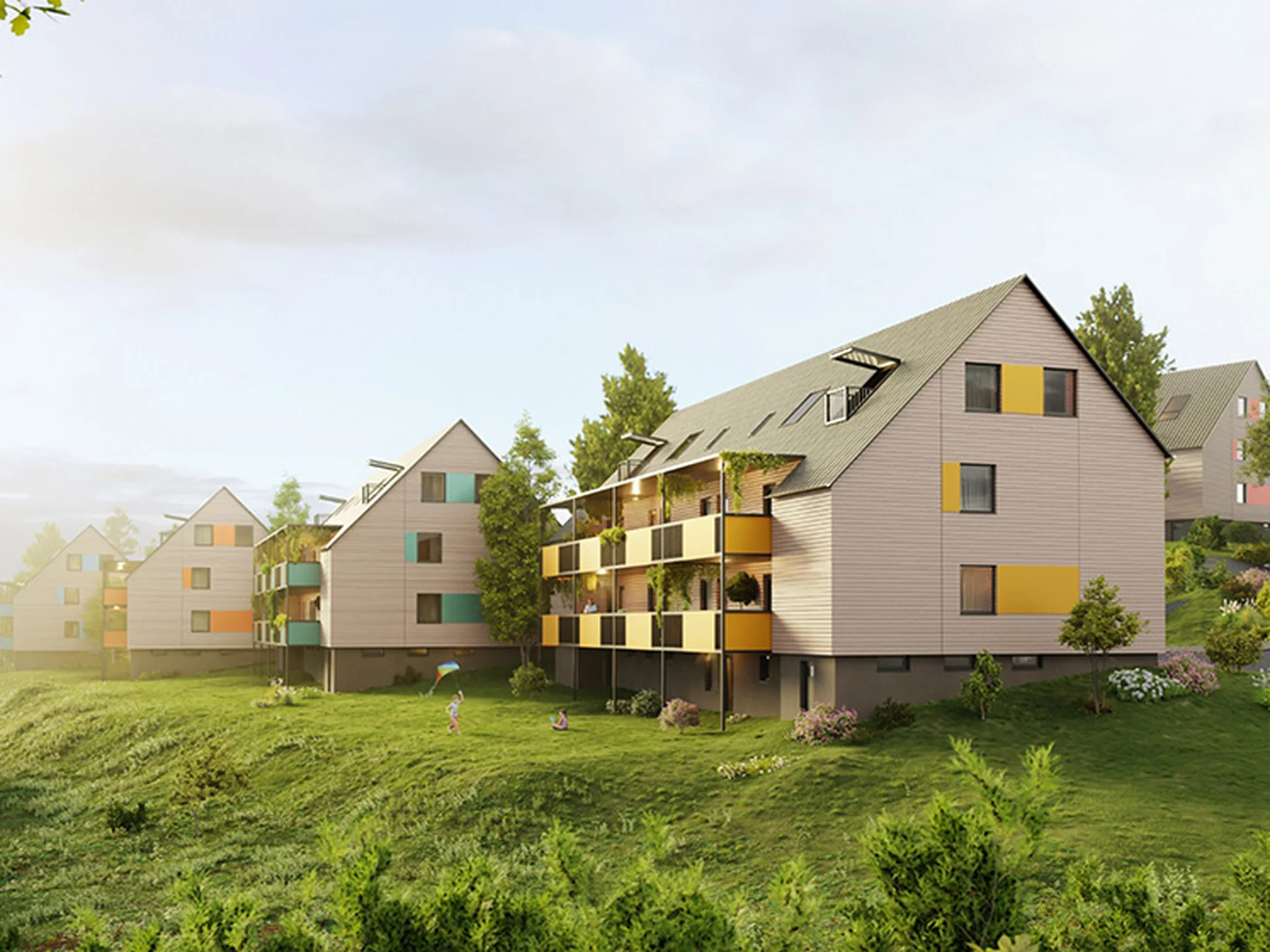 Cluster of modern, sloped-roof homes nestled in lush greenery, with balconies and colorful panel accents under a clear sky.