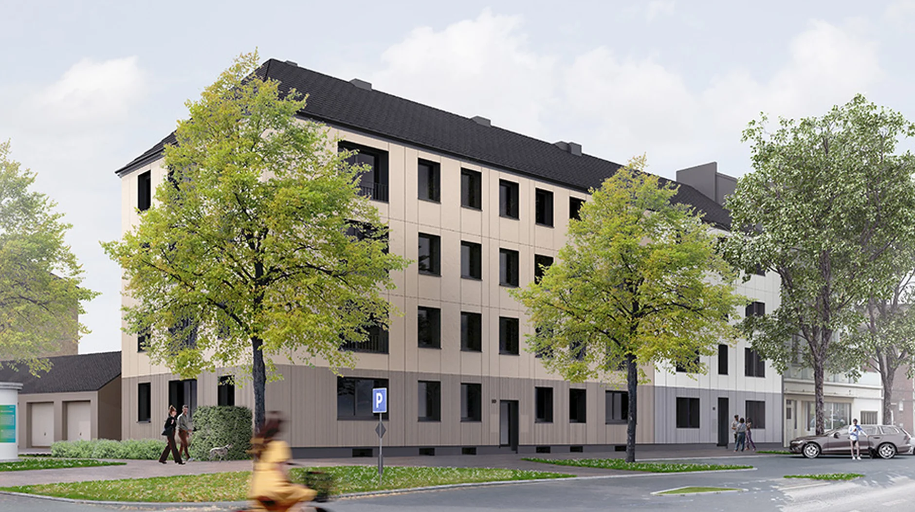 Street view of a modern four-story building with beige facade, surrounded by trees, and a cyclist passing in the foreground.